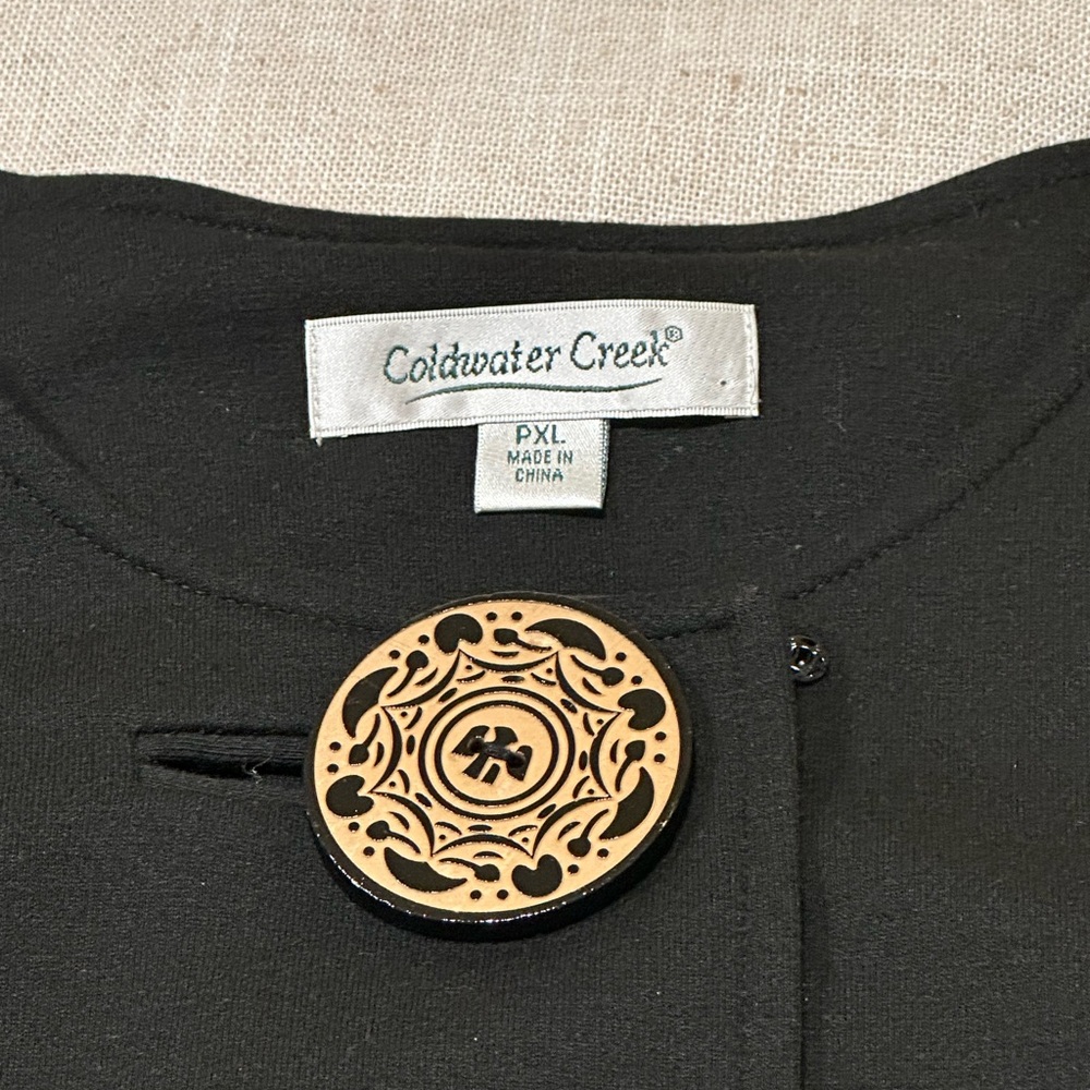 Coldwater Creek Black Jacket Swing Smock Blazer Carved Wood Buttons - Picture 4 of 5